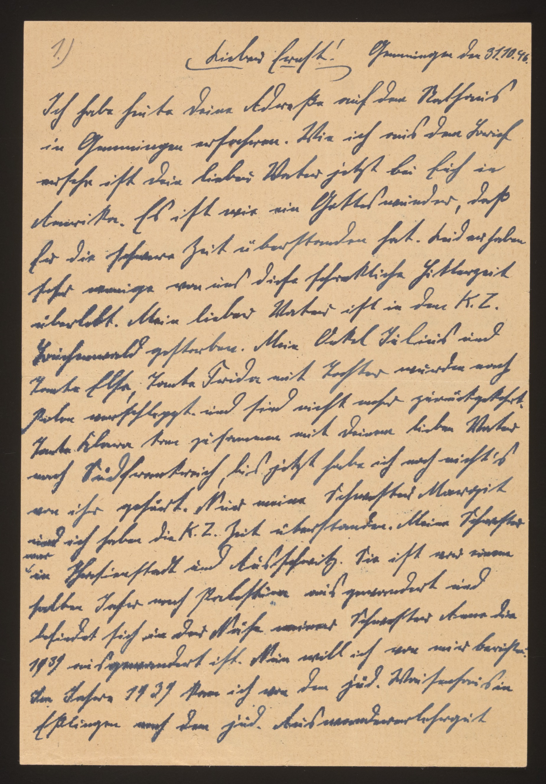 Handwritten letter to cousin — family fate (page 1 of 3)
