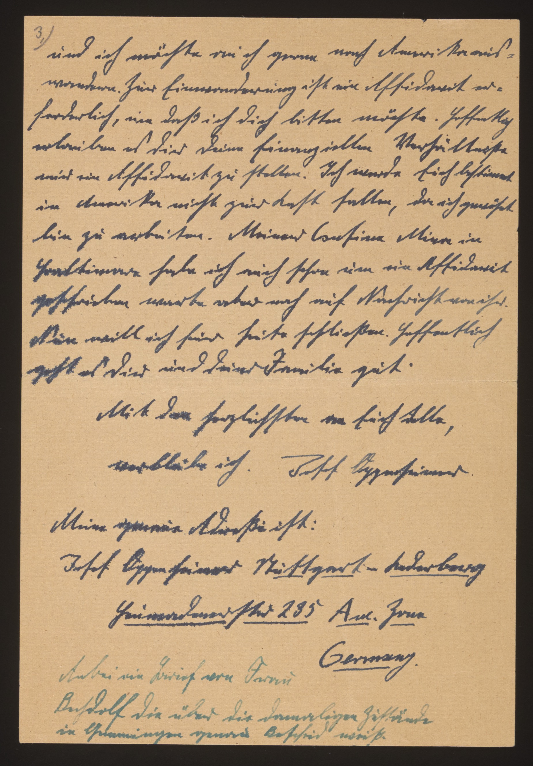 Handwritten letter to cousin — emigration request (page 3 of 3)