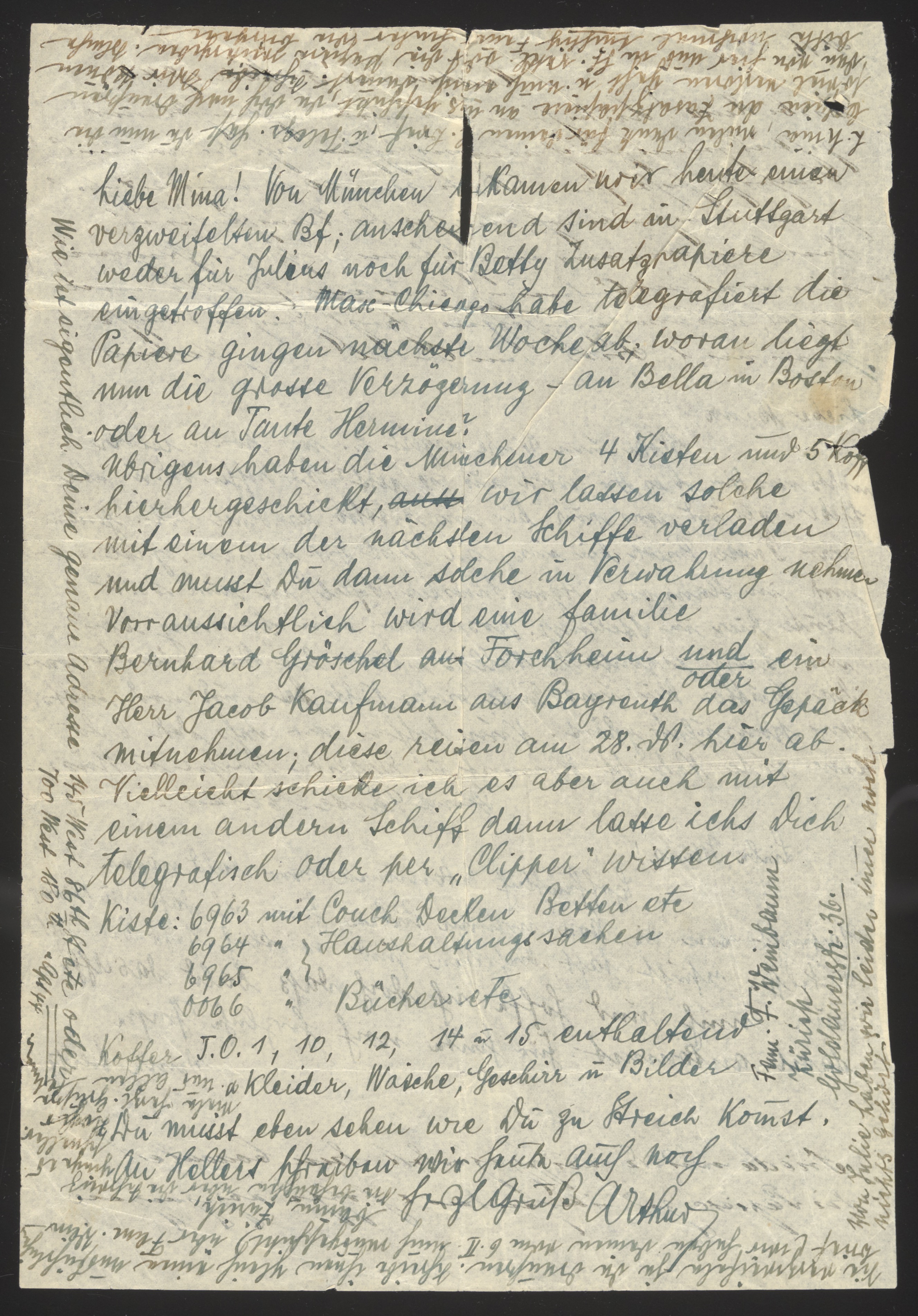Handwritten letter discussing shipping of belongings, with inventory