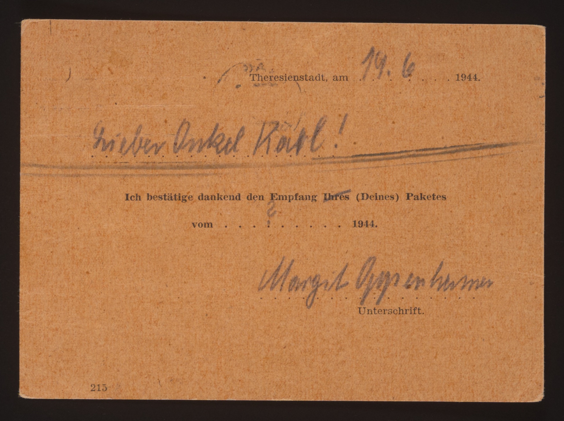 Theresienstadt camp postcard — message side