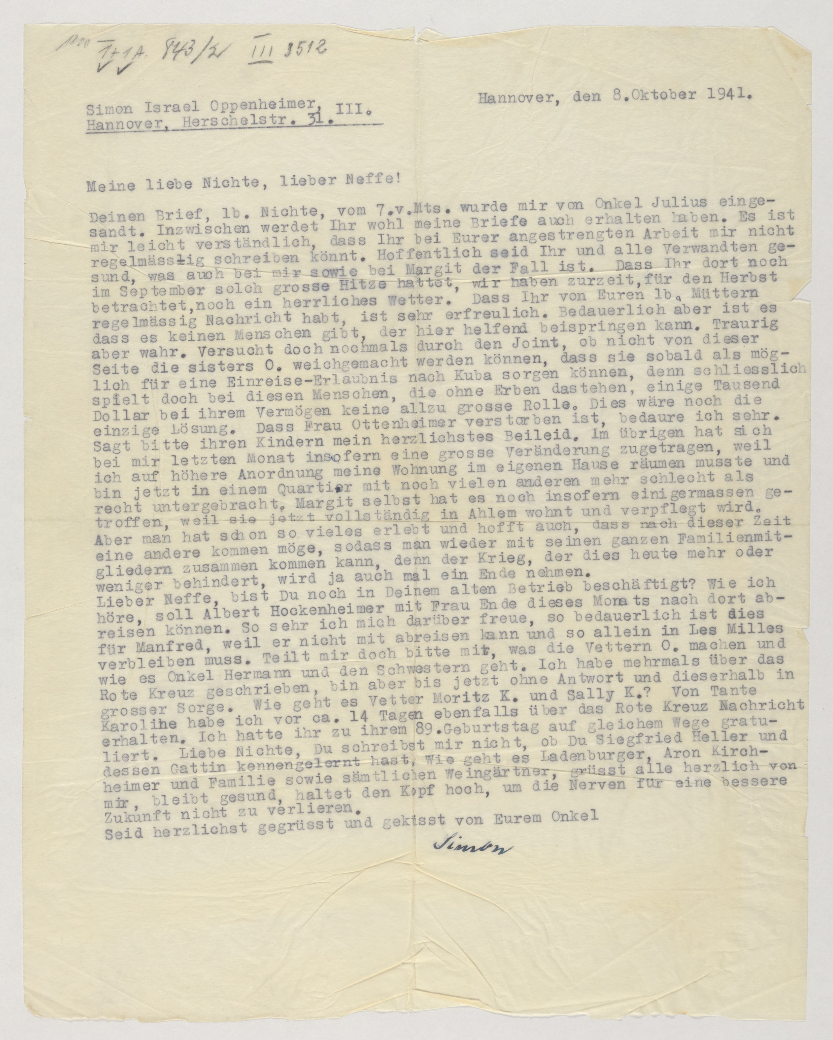 Typed letter (page 1 of 2) from Simon Israel Oppenheimer III to his niece Min...