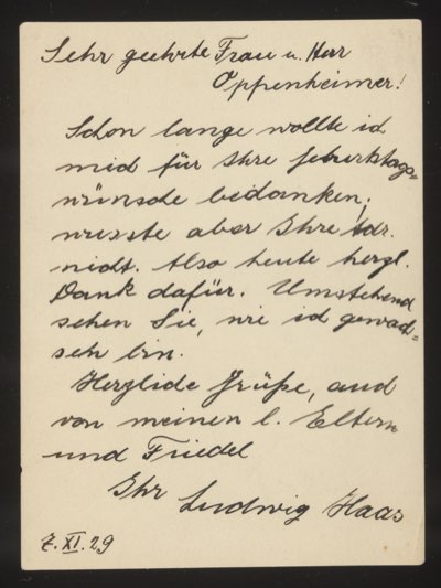 Letter from Ludwig Haas to 'Frau und Herr Oppenheimer', 2 November 1929